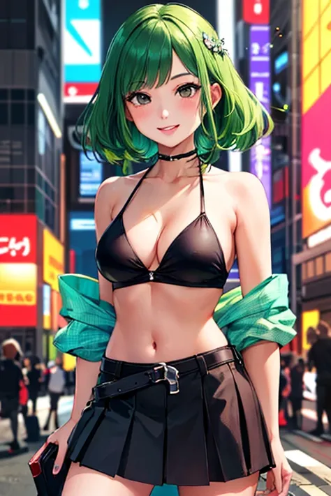 ((masterpiece)), (((best quality))), chromatic lighting,
colorized, green + white limited color palette, 
detailed concept drawing,
Shibuya street girl, cyberpunk, futuristic,
portrait, 20yo 1girl, medium soft breasts, slender, bikini top, skirt, long gree...