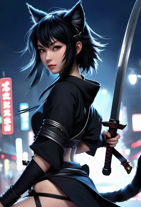 Monster Girl, Cat ear,20th Generation,Realistic Women, Black Hair,cute,Ninja,night,No sword