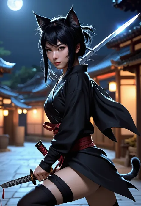 Monster Girl, Cat ear,20th Generation,Realistic Women, Black Hair,cute,Ninja,night,No sword