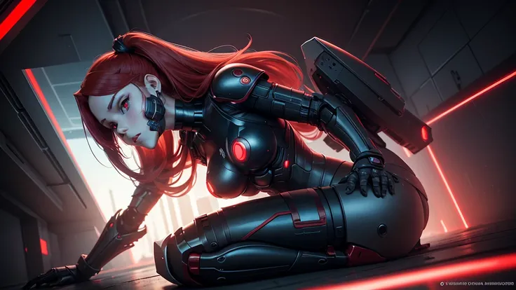 View from below, angle from below, flat horizon photo, Android girl in a pose sitting on her knees , she has long red hair she has a mask on her face a respirator a woman with sexy hips, with prosthetic arms and modifications. Beautiful face, red metal cyb...