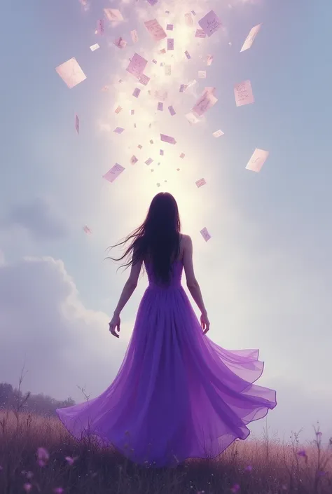 A woman from behind in a long purple dress sending letters to heaven