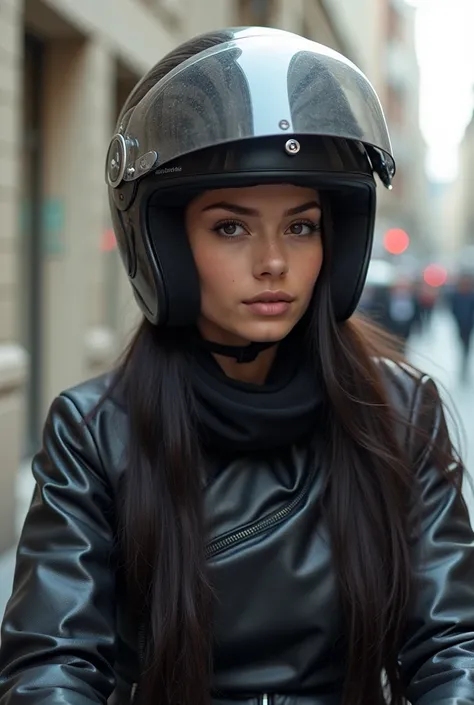 Belle fille aux longs cheveux noirs fait de la moto avec un casque 