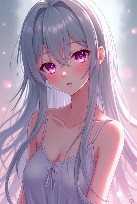 An anime girl with long gray hair and pink eyes