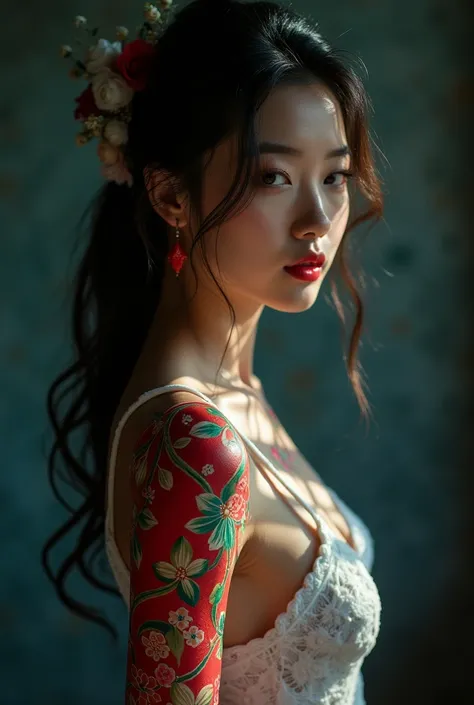 a beautiful korean female model, intricate body painting, elegant posing, dramatic lighting, high quality, 8k, chiaroscuro, cinematic, dramatic shadows, glowing skin, lush colors, dreamlike atmosphere