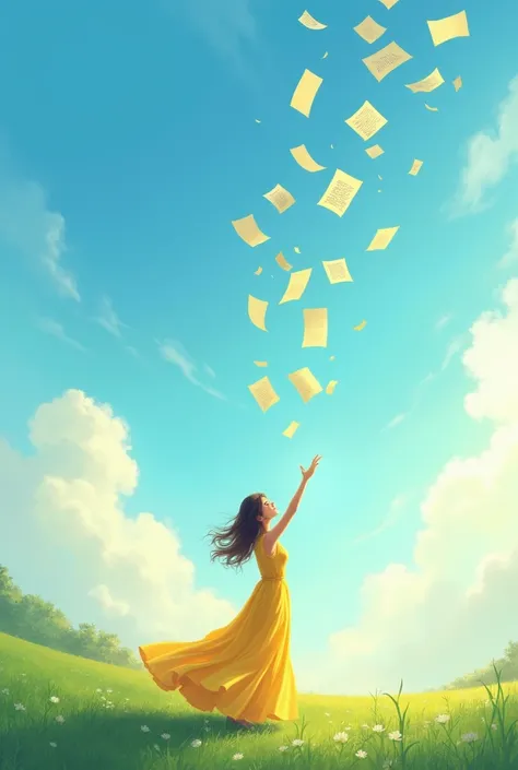 A woman from behind in a long yellow dress sending letters to the sky on a sunny day