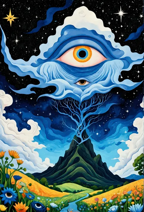 Psychedelic Art。plant、Marine Life、(((Charming eyes,The Third Eye)))、cloud、Starry Sky,galaxy、planet、Stitching together an abstract painting,Describing the inner world of autistic people,Sense of space,blank,White space,Pointillism method,Childish lines,Klei...