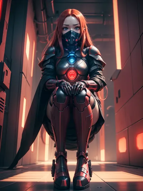 View from below, angle from below, flat horizon photo, Android girl in a pose sitting on her knees , she has long red hair she has a mask on her face a respirator a woman with sexy hips, with prosthetic arms and modifications. Beautiful face, red metal cyb...