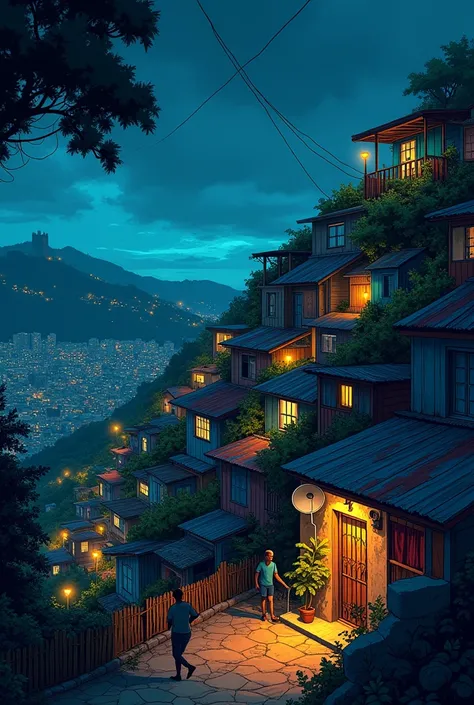 Favela illustration at night with the lights on