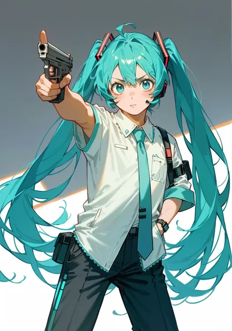 Hatsune Miku, standing one arm in pocket and pointing a gun, looking at left, focusing on target