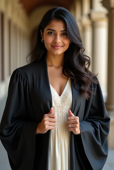 Indian girl with Cream colour dress with black graduation gown desent photo
