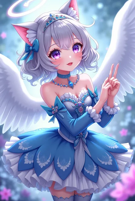 Shikagami Yoruu has gray drill curled hair,
wide purple eyes
an outfit theme thats showy and blue coloured
Their character type is angelic
they love cats, they transform using! a makeup palette