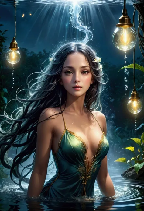 Beautiful woman made of water ，(Long water hair:1.2) ，Smoke rising from the water，Vine stirring，firefly，midnight，moonlight，Backlight， (masterpiece:1.2)， (best quality) ，(detailed) ，(complex) ，(8K)， (HDR)， (wallpaper)， (Movie Lighting) ，(Clear focus)