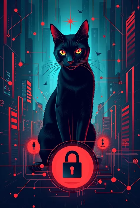 Cyber security poster with black cat, dollar symbol and lock and key and has a horse on it
