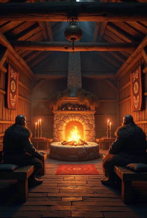 A warm, medieval Viking-style interior with a stone hearth in the center of a wooden cabin. The room is dimly lit by firelight and candles, casting a cozy glow across the rustic wooden beams and floors. The walls are adorned with furs, tapestries, and Viki...