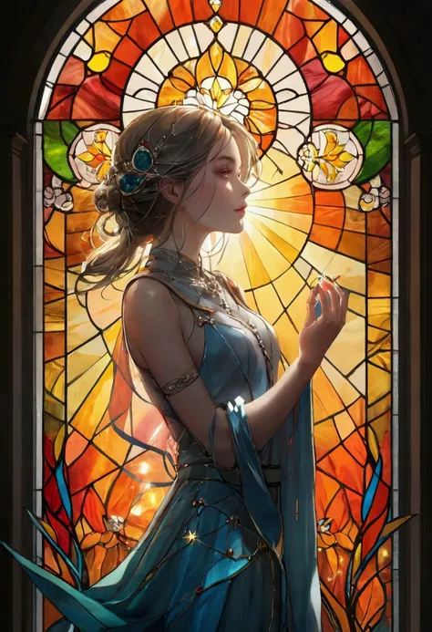 (masterpiece, Top quality, best quality,Official Art, beautiful and aesthetic:1.2),(1 Girl:1.3), 1 Girl BREAK stained glass art, Multicolored Glass, lead lines, Light penetration breaks up bright colors, Complex design, Glow Effect, Atmosphere