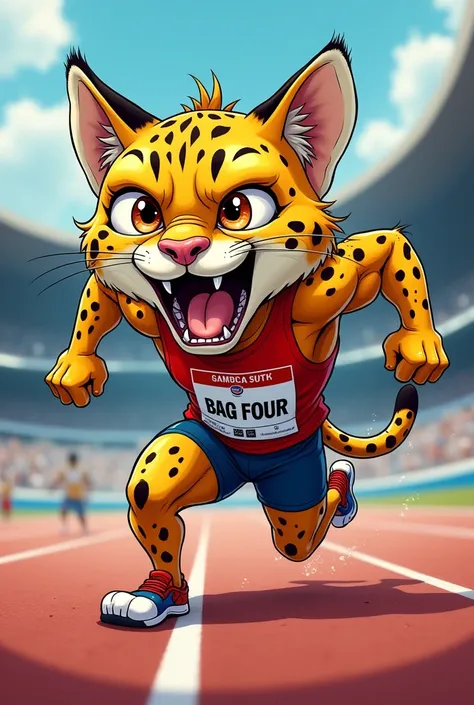 (chibi Emoji Meme), manga art style, funny photo portrait of a grotesque (Olympic sprint athlete Cheetah), upper body, strange eyes, Olympic background, emoticon. emotional, dynamic movement, vivid, (masterpiece, best quality, absurdres, ultra-detailed, in...