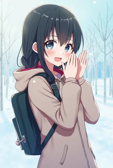 masterpiece,Highest quality,girl,school bag,Black Hair,Braid,Looking this way,smile,wave hands,Snow Country