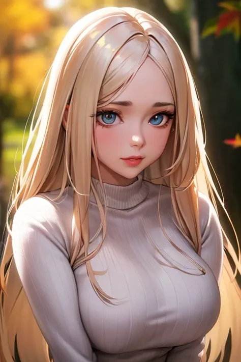 photography of a stunning girl, wearing a autumn white jumper, long hair on one side, heavy bust 36DD, looks into the camera, symmetrical eyes, symmetrical face, photorealistic, photography, path tracing, specular lighting, volumetric face light, path trac...