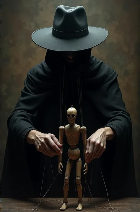 Black hat man controlling wooden puppet