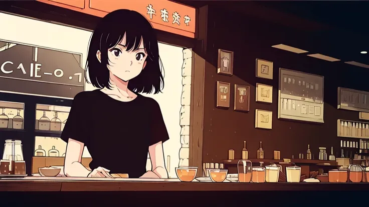 (low contrast), (lo-fi), (cowboy shot, 1 girl, black hair, black eyes, black t-shirts), (calm cafe, sunset is shining)