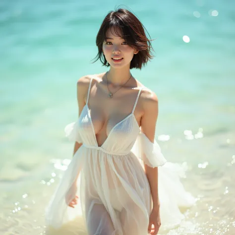 8k,RAW photo,ultra high res,realistic photo, A sandy beach under bright sunlight, featuring a skinny Japanese woman with short, fluffy brown hair, thin body and flat chest, standing and leaning forward in the sea, wearing a playful, low-cut white airy rela...