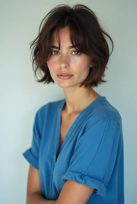 Photo of an Italian female model, short hair, wearing blue short sleeves, looking into the camera arm, minimalist style, clean background, shot in F2 and ISO400 in Canon EOS R5 style, soft light, color photography for fashion magazine cover