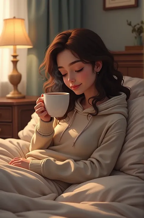 Lovely girl with curly hair wear hoodie and take coffee sit-in on bed