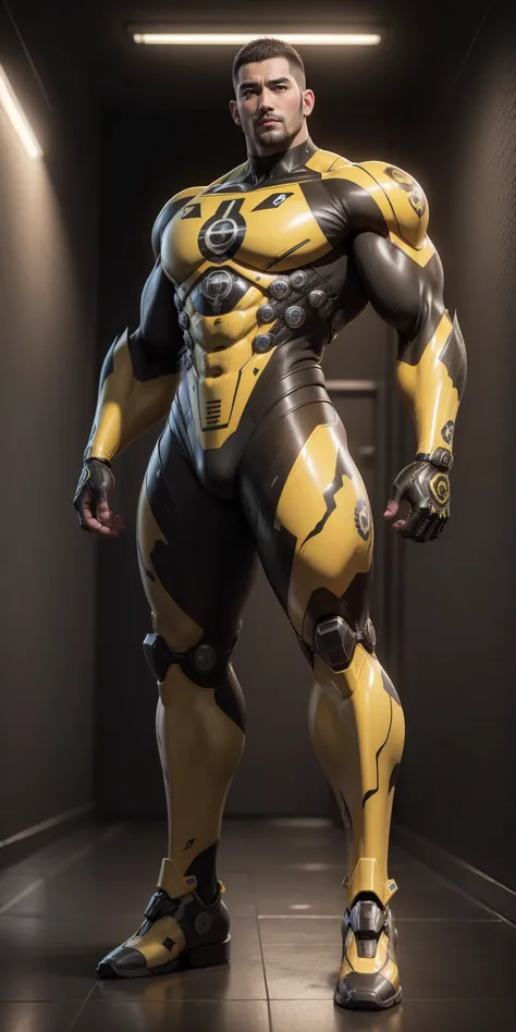 Tall giant muscular police officer，Buzz Cut，Very long legs，Yellow and black camouflage patterned nano mecha，Honeycomb pattern，Lightweight texture，Character Concept（Resident Evil - Chris Redfield，Chris Redfield）senior police officer，Small grid texture，Regul...