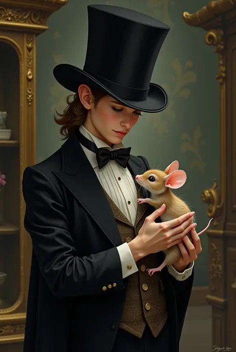 Illustration of an elegant magician with a top hat lovingly hugging a mouse 