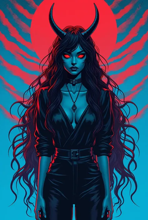 A retro-style illustration of the female demon Versooro, with long curly hair and glowing red eyes standing in front of an electric blue background with a symmetrical red zebra stripes pattern.