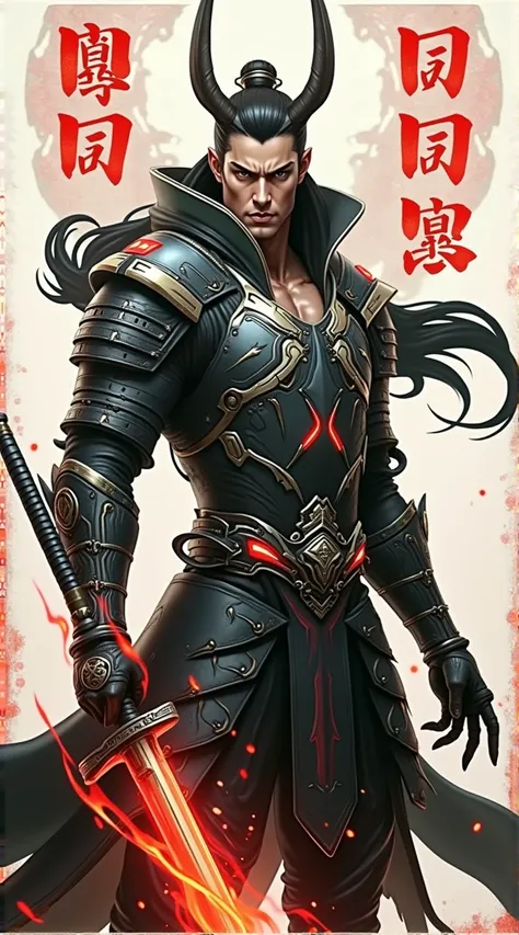 a close up of a person with a sword and a demon, by Yang J, very beautiful cyberpunk samurai, demon samurai, by Chen Jiru, beautiful male god of death, cyberpunk samurai, demon samurai warrior, by Yang Jin, samurai chains ink undead, full body wuxia, [ tre...