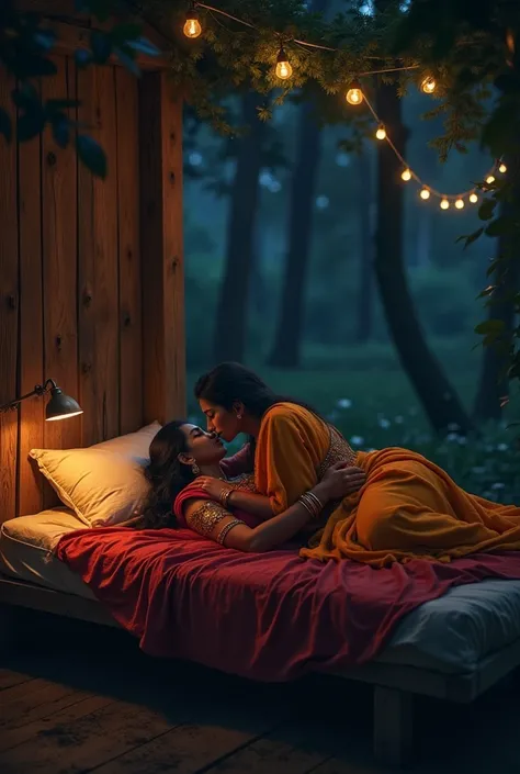 Radha krishna romantic hug in a jumgle hut in the night, lying over a wooden bed. Image from a distance.
