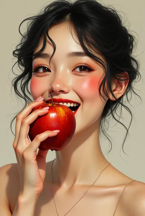 Woman holding an apple in front of her face and smiling, a digital rendering by Aleksander Gierymski, shutter, art nouveau, Agape Mouth, eating rotting fruit, mouth is simple and pleasant, with apple, imageio de perfil, apple, tooth, red apple, apples, she...