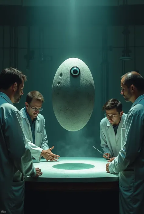 A group of 4 scientists with their backs turned looking at a glass window where there is a grey semi-circular oval stone-shaped object floating above a table that flickers and the object has an eye in the center, In addition, a scientist has a syringe and ...