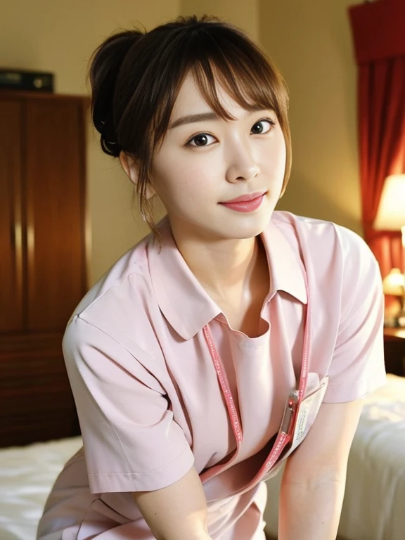 (Masterpiece, Best quality:1.4), (Ultra realistic, Photo-realistic:1.2), Full body, Natural light, 25 years old actress, Japanese women, Neat and clean, (nurse uniform:1.1), Short ponytail, Short wavy hair, Light brown hair color, (Beautiful Face), Oval fa...