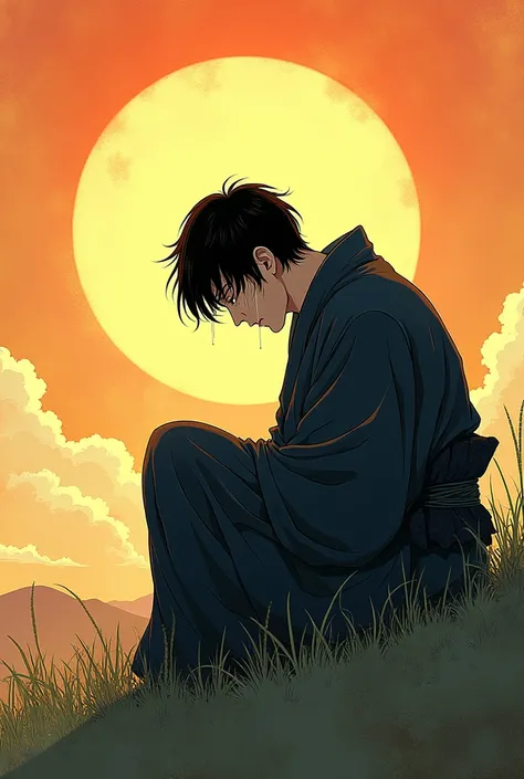 Man dressed in a robe, black hair cut black color , light skinned, crying on the ground seeing the bright sun appear , taisho era manga style