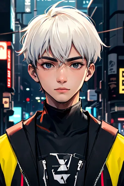 ((masterpiece)), (((best quality))), chromatic lighting,
colorized, white + black limited color palette, 
detailed concept drawing,
Shibuya street guy, cyberpunk, futuristic, no weird object on his face,
portrait, 20yo 1guy, slender, T-shrit, short white h...