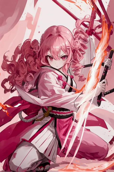 1 girl, curly pink hair, White skin, japanese traditional pink clothes, Red Katana, ready for battle pose, pink fire power, solar breath, demon slayer style, they are hunters, Aggressive look, epic background, Full of Fire
