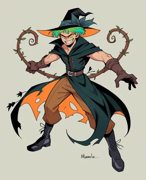 A menacing scarecrow character stands in a confident pose, with a carved pumpkin for a head, glowing yellow eyes, and a wide, menacing grin. The pumpkin is topped with a tattered, wide-brimmed hat, adding to the rustic aesthetic. The scarecrow is dressed i...