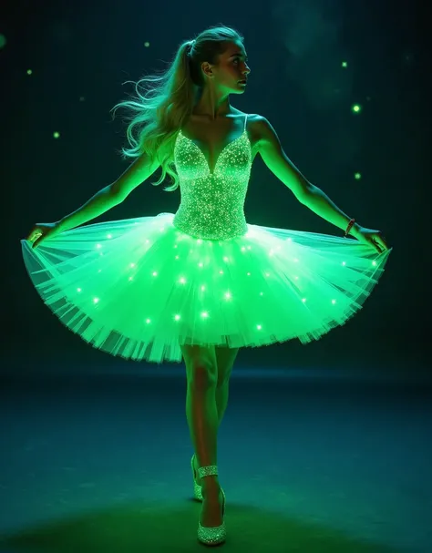 hyperealistic photo A full body shot of A beautiful blonde woman, A ballerina in a glowing green neon dress dancing, glowing and sparkling, a magical atmosphere, a starry night sky background, stars shining, beautiful legs, a perfect body shape, cute face ...