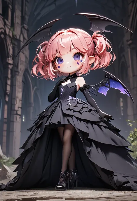 master piece, best quality, ultra-detailed, illustration, midnight, gloomy atmosphere, broken church, alter isle, broken walls, ruins, purple flames, 1girl, solo, chibi, (big head), cute pose, front view, looking at viewer, ((full body Close up)), chubby, ...