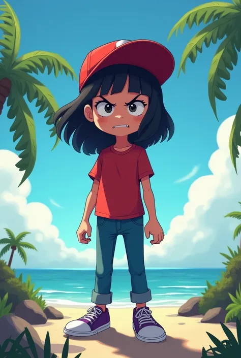 Create a skinny 10 year old girl in a short red shirt and jeans and purple sneakers and she wears a red hat and she has bangs in her black hair and she is angry scenery an island