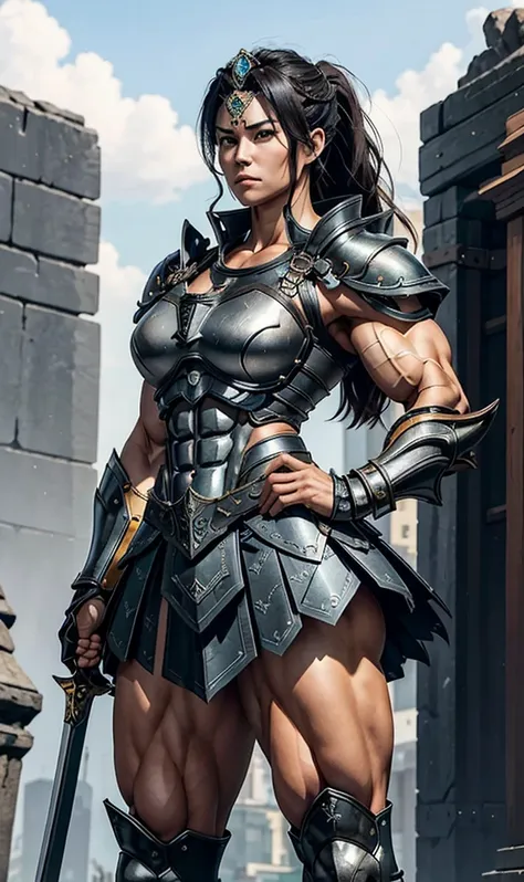 Highest quality、４K８K、One female、((Full body image))、((A woman with a massive muscular physique))、40-year-old woman、Invincible Valkyrie General、Height: 185cm、Weight 110kg、Medieval metal armor、Ornately decorated ceremonial armor、((Metal armor with lots of ex...