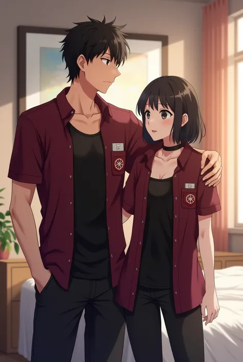 Anime couple in the bedroom. The man wears a black tank top inside, and a maroon short-sleeved shirt that is unbuttoned all over. There is a gear symbol on the left pocket of the shirt. He wears black long pants.