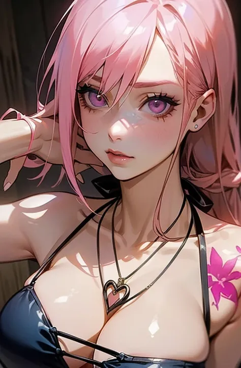 Cool women、sexy、Center of chest、Rize from Chainsaw Man、beauty、Yandere、、Face close-up、Chest tattoo、Christian Dior Necklace、(Swimwear)、((Pink hair)).((フルボディ)).