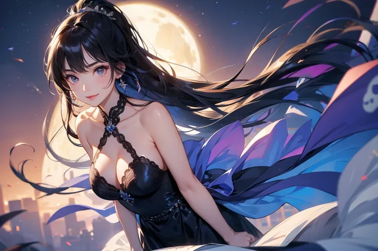 One beautiful girl、Navy blue negligee、Black Hair、High ponytail、Crying Mole、Mischievous Smile、Prone、Beautiful breasts、dusk、super high quality、Highest quality、Masterpiece、Proper body structure、High angle