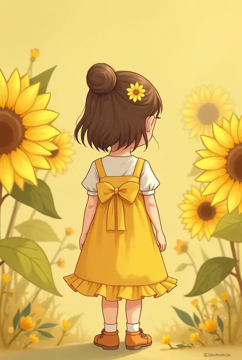 With a girl, Little、sunflower, , Medium pastel yellow white, Luxury Fabric, Dithering, Widespread,Viewer Lucky Brown,In a yellow dress、、There are no protrusions on the head、There are no protrusions on the head、