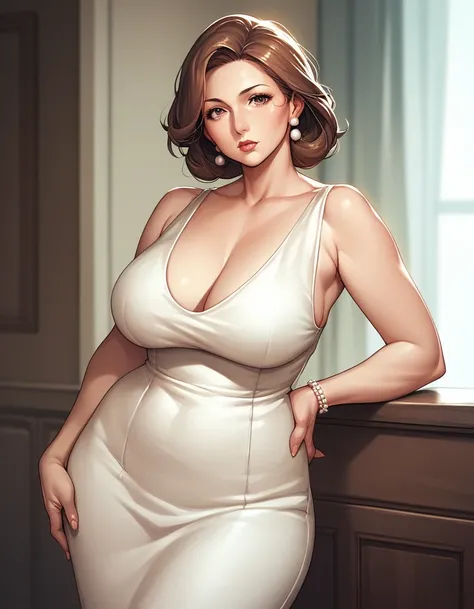 score_9, score_8_up, score_7_up, source_anime,1girl, mature female, beautiful face, brown hair, curvy mother, wide hips, normal breast, (love expression:0.7), looking at viewer, one hand on hip, standing, white dress, half complete body view