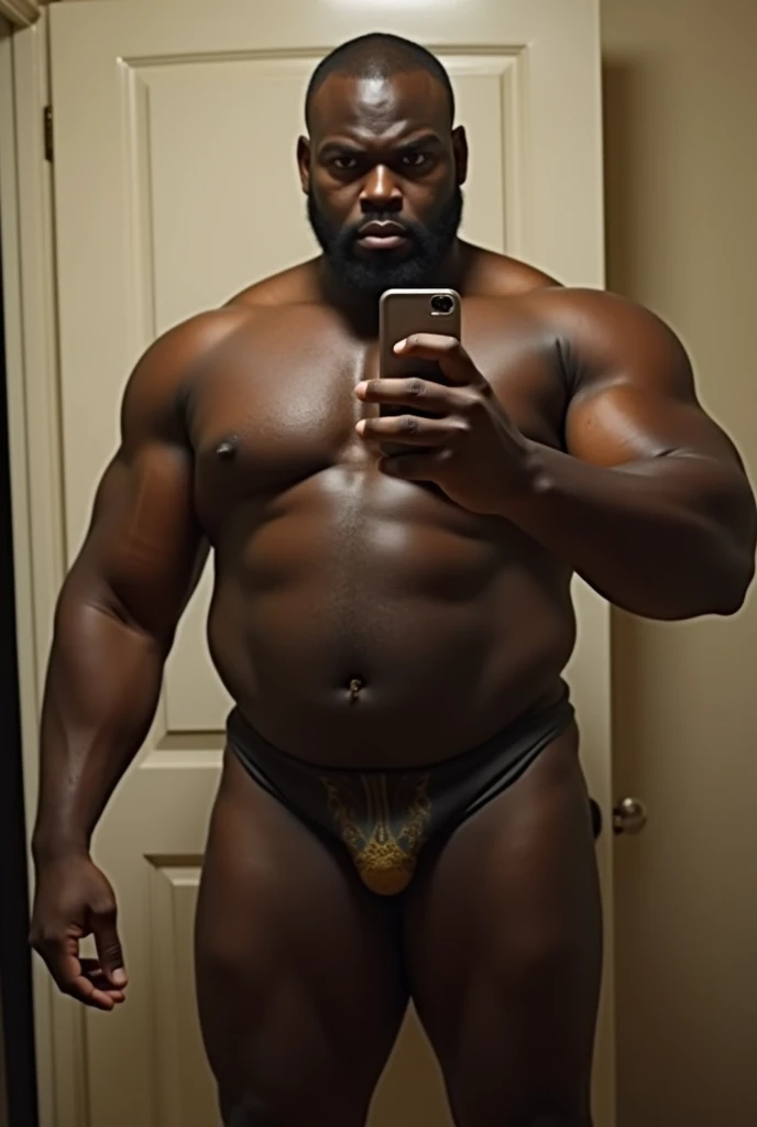 A muscular, broad-shouldered African black man takes a selfie in the mirror. He is naked and his genitals are visible. He is big and thick. There is nothing on him. He is completely naked. He has a long and thick cylindrical limb where his genitals are. Th...