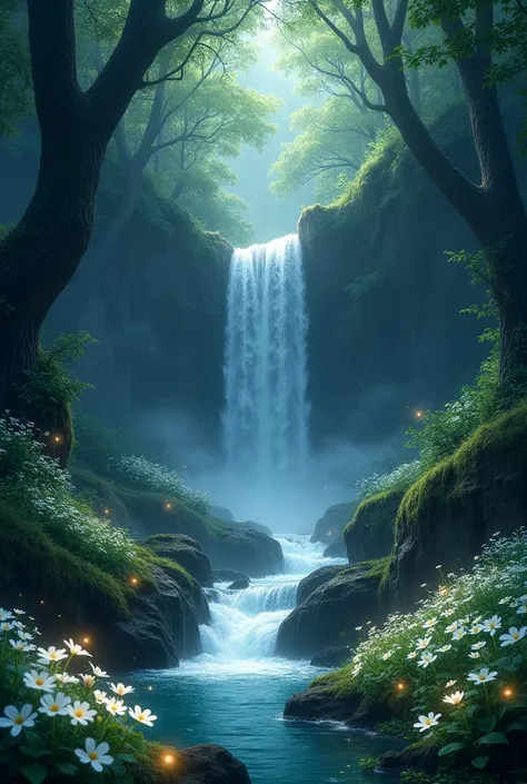 A waterfall in dark forest with white flowers on ground with a few fire flies painting pictures 